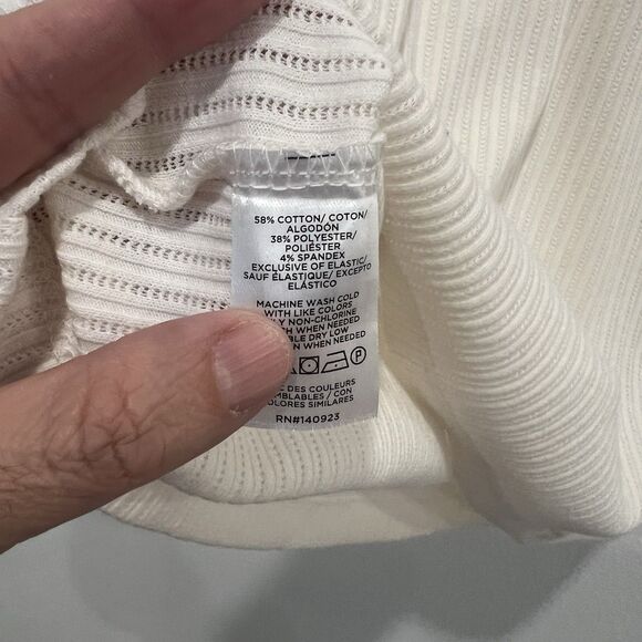 Loft Pointelle Ruffle Sleeve Ribbed Knit Sweater Top Size M Cream Fall Preppy - Picture 4 of 7